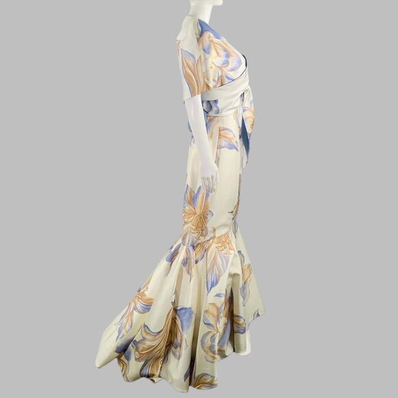 RIZIK BROS. Size 6 Cream Blue Tan Silk Floral Shawl Strapless Gown - Picture 3 of 10